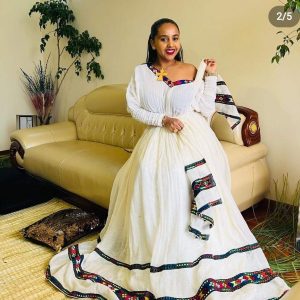 Draping White Traditional Ethiopian Dress: with Thin Embroidery Habesha Dress Simple yet Elegant Habesha Kemis