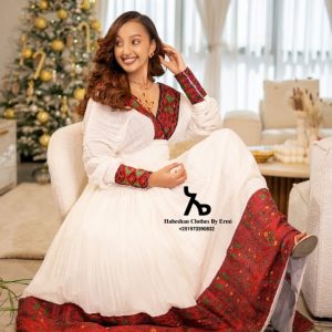 Luxurious Dark Red Traditional Ethiopian Dress: with Black and Green Embellishments Habesha Clothing Cultural Look Habesha Dress