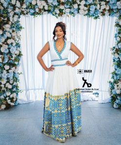 Charming Blue Traditional Ethiopian Wedding Dress: with Golden Embellishments Habesha Dress Beautiful Habesha Kemis