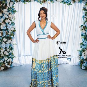 Charming Blue Traditional Ethiopian Wedding Dress: with Golden Embellishments Habesha Dress Beautiful Habesha Kemis