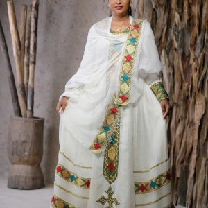 Beautiful Long Sleeve Ethiopian Dress with Colorful Embroidery for Celebrations