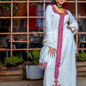 Elegant Habesha Kemis with Bold Red Embroidery for Celebrations: Traditional Ethiopian Dress