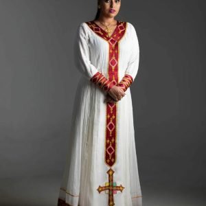 Elegant Habesha Kemis with Bold Red Embroidery for Celebrations: Traditional Ethiopian Dress
