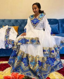 Magical Blue Traditional Ethiopian Dress: with Geometrical Golden Adornments Habesha Dress Stunning Habesha Kemis