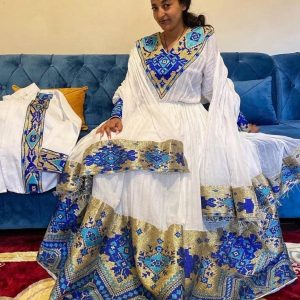Magical Blue Traditional Ethiopian Dress: with Geometrical Golden Adornments Habesha Dress Stunning Habesha Kemis