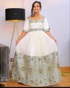 Elegant Green and Gold Habesha Wedding Dress With Modern Ethiopian Style