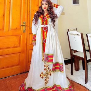 Majestic Handcrafted Red Habesha Dress: Cultural Embroidery on Traditional Ethiopian Dress for Holidays Habesha Kemis