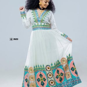 Excellent Handwork in Green Habesha Dress: Beautiful Golden Detailing Traditional Ethiopian Dress for Special Celebrations Habesha Kemis