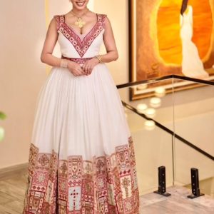 Pink Based Multicolored Eritrean Clothing: with Cross Adornments Ethiopian Traditional Dress Elegant Ethiopian Wedding Dress
