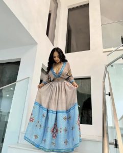 Golden Gleam Habesha Kemis Blue Wide Tilet Habesha Dress
