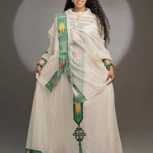 Classic Handwoven Green Habesha Dress: Simple Look with Traditional Ethiopian Dress for Cultural Celebrations Habesha Kemis
