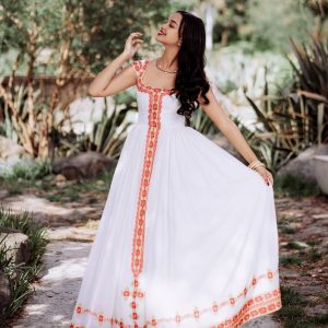 Elegant Habesha Kemis with Bold Red Embroidery for Celebrations: Traditional Ethiopian Dress