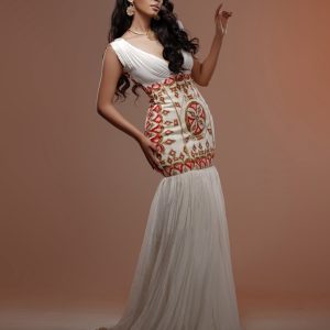 Stunning Mermaid Habesha Dress Golden and Red Detailed Design