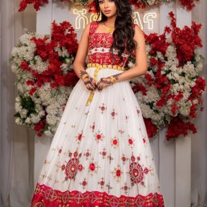 Elegant Ethiopian Habesha Dress with Red & Gold Embroidery for Celebrations