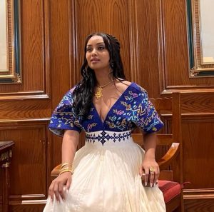 Chic Habesha Dress with Dark Blue Blossoms Habesha Kemis Simple Ethiopian Dress