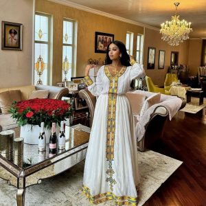 Glorious Habesha Dress with Golden Embellishment: Traditional Ethiopian Dress for Events
