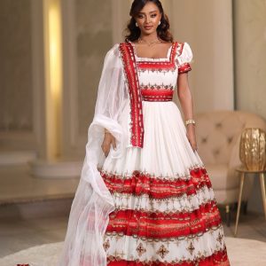 Elegant Ethiopian Habesha Dress with Red & Gold Embroidery for Celebrations